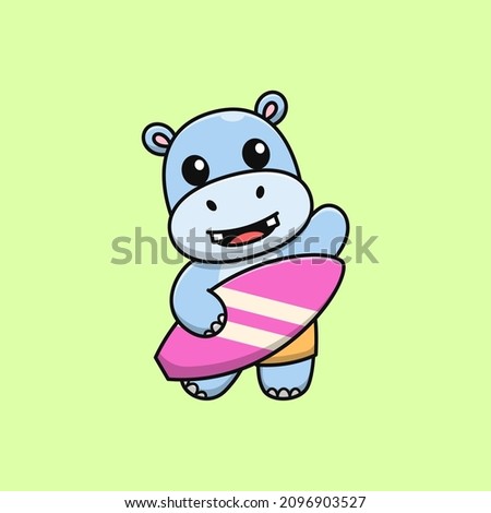 cute cartoon hippopotamus carrying a surfboard