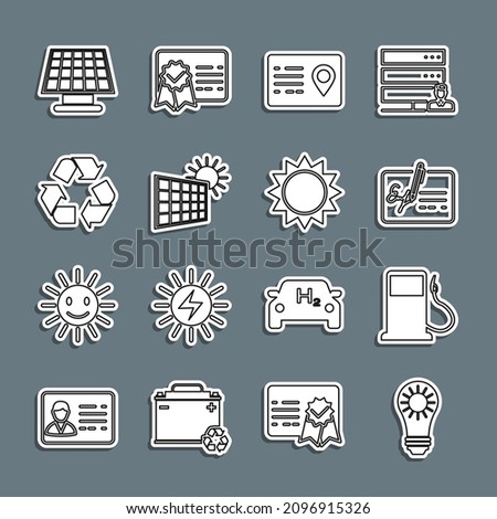 Set line Solar energy panel, Petrol or Gas station, Signed document, Address book, and sun, Recycle symbol,  and Sun icon. Vector