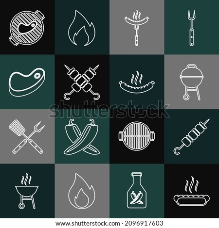 Set line Hotdog sandwich, Grilled shish kebab, Barbecue grill, Sausage on the fork, Steak meat, with steak and  icon. Vector