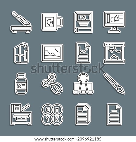 Set line File document, Paint brush, 3D printer, Photo album gallery, Picture landscape, Printer ink bottle, Paper cutter and Document with graph chart icon. Vector