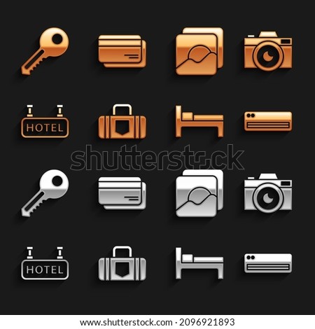 Set Suitcase, Photo camera, Air conditioner, Bed, Signboard with text Hotel, Key and Credit card icon. Vector
