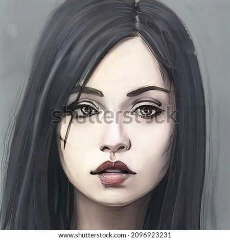 Portrait drawing of a beautiful brunette girl with big eyes and pink lips. Realistic portrait, Digital art, pop art, creative, design, illustration, volumetric drawing, 3D, beauty and fashion
