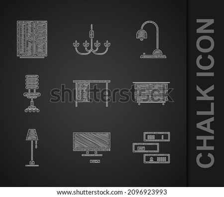 Set Office desk, Smart Tv, Shelf with books, Chest of drawers, Floor lamp, chair, Table and Wardrobe icon. Vector