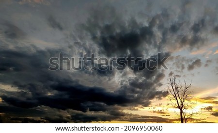Photo of clouds view with bright colors at sunset and silhouette trees.
