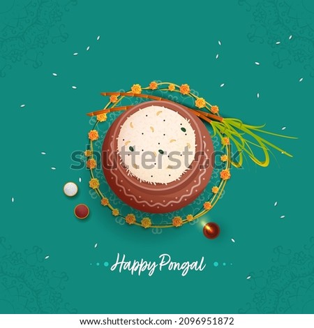 Happy Pongal Celebration Background With Top View Of Traditional Dish (Rice) In Mud Pot, Sugarcane, Lit Oil Lamp (Diya). Royalty-Free Stock Photo #2096951872