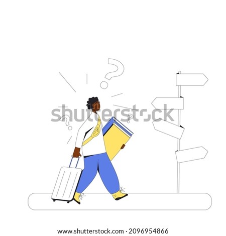 Young man standing at crossroads. Graduate looking at singpost. Confused person thinking about the right path. Vector illustration in line art style.