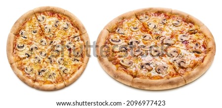 Delicious pizza with mushrooms, mozzarella and tomato sauce, isolated on white background