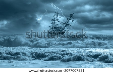 Sailing old ship in a storm sea in the background stormy clouds with lightning Royalty-Free Stock Photo #2097007531