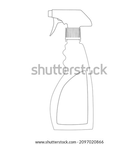 Plastic bottle with sprayer head for cleaning. Simple outline, black line on white background, flat empty icon. Vector illustration.
