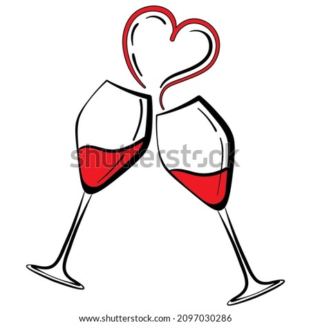 Two glasses of wine with heart shape splashes. Valentine's day vector illustration