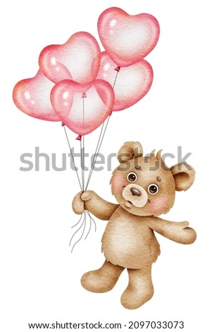 Cute teddy bear with balloons in the form of hearts. Watercolor illustration isolated on white background. Valentine's day, poster, invitation, card, print.