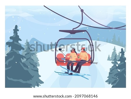 Skiers lifting up to a slope by ski lift. Couple taking selfie on a chairlift. Winter ski resort, ski and snowboarding paths with ski lift. Snowy hills and forest scenery. Flat vector illustration Royalty-Free Stock Photo #2097068146