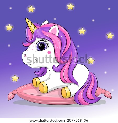 Cute cartoon baby unicorn on a pink pillow. Night animal vector illustration on blue background with stars.
