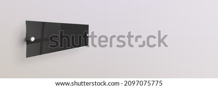 Black wide rectangle Transparent glass nameplate plate on spacer metal holders. Acrilic advertising signboard on white background mock-up side view. proportional 1 to 3. Royalty-Free Stock Photo #2097075775