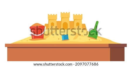 Sandbox with pile of sand, sand castle and children toys in flat style. Sandpit with kids shovel, bucket on pile of yellow powder. Vector illustration Royalty-Free Stock Photo #2097077686