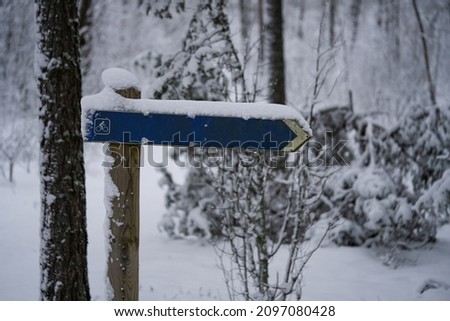 Wooden track pointer on the road in the woods sunny summer day. Forest in snow. Royalty-Free Stock Photo #2097080428