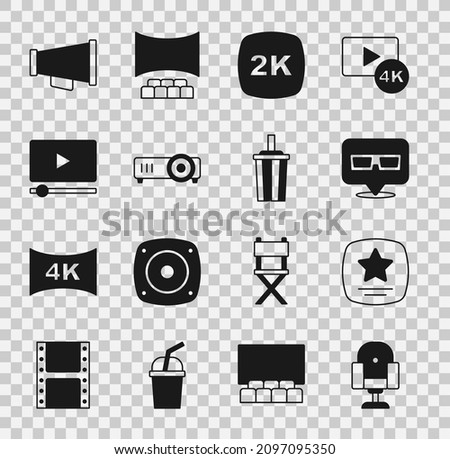 Set Director movie chair, Walk of fame star, 3D cinema glasses, 2k Ultra HD, Movie, film, media projector, Online play video, Megaphone and Paper with water icon. Vector