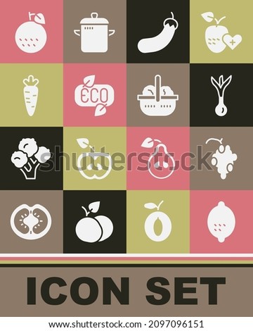 Set Lemon, Grape fruit, Onion, Eggplant, Leaf Eco symbol, Carrot, Orange and Basket and food icon. Vector