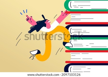 Happy girl student jump on books pile excited with good education or study course. Smiling woman climb stack of textbook strive to success or academic goal achievement. Vector illustration. 