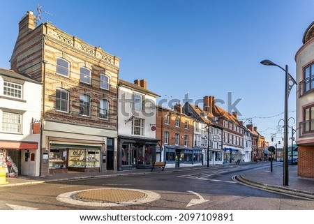 The high street in Newport Pagnell Buckinghamshire Royalty-Free Stock Photo #2097109891