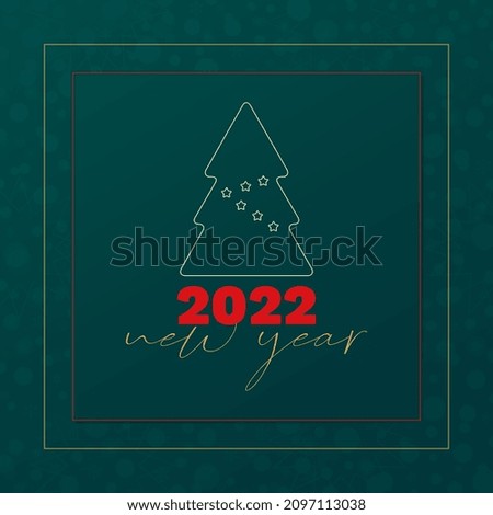 2022 New Year vector greeting card. Christmas tree icon with stars and snowflake background. Green and red banner for celebration, congratulation, decoration