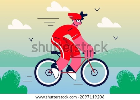 Young man cyclist in sportive uniform and helmet ride bicycle prepare for sport competition or tour. Male biker train exercise on bike outdoors, get ready for race. Active life. Vector illustration. 