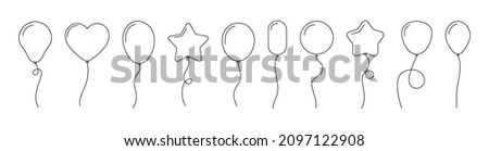 Balloon outline icons. Balloon with string in line cartoon style. Different shapes of ballons for birthday, party and wedding. Black contour of baloon silhouettes in doodle minimal style. Vector.