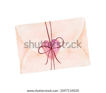 Watercolor envelope with pink heart isolated on white background; can be used for valentine's day, greeting cards and invitations. Hand drawn watercolor illustration.
