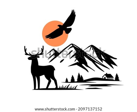 Mountain landscape with house and deer vector. Nature landscape