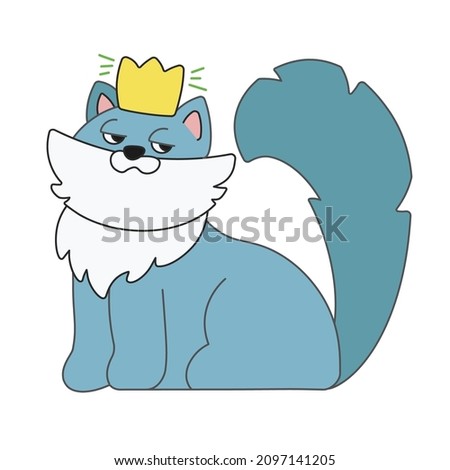 Cute cartoon cat sitting with a crown on the head. A funny blue cat grinning and looking superciliously. Vector clip art illustration in 2D. Hand-drawn simple style.