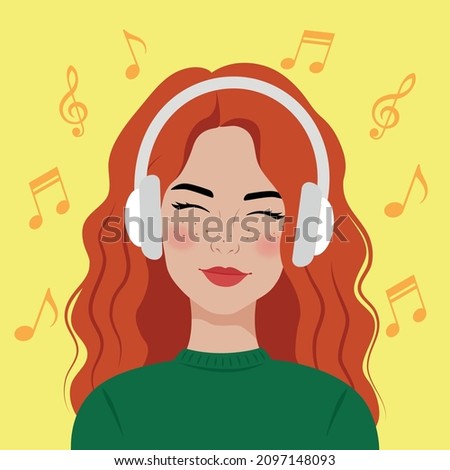 Portrait of a beautiful young woman with headphones. Girl with red hair listens to music. Vector illustration. Royalty-Free Stock Photo #2097148093