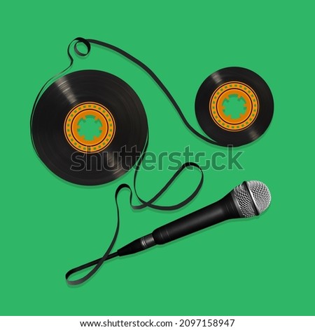 Contemporary artwork. Miscrophone connected with two vinyl records isolated over green background. Retro and modern music. Concept of art, music, fashion, party, creativity. Copy space for ad