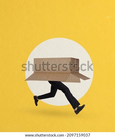 Contemporary art collage of man running hiding in cardboard box isolated over yellow background. Concept of delivery service, mail, post office, creativity, artwork. Copy space for ad