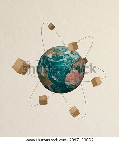 Contemporary art collage of cardboard post boxes flying aroung globe isolated over beige background. Worldwide shopping. Concept of delivery service, shopping, goods, products, surrealism and ad