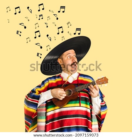 Contemporary art collage of cheerful man in mexican cloth having vinyl record sombrero playing ukulele isolated over yellow background. Concept of art, music, party, creativity. Copy space for ad
