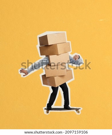 Contemporary art collage of man with many cardboard boxes riding on skateboard isolated over yellow background. Concept of fast delivery service, creativity, artwork. Copy space for ad