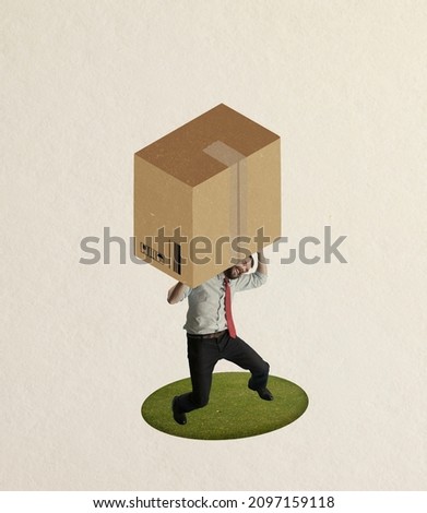 Contemporary art collage of man carrying on shoulder heavy cardboard dlivery box isolated over beige background. Concept of delivery service, shopping, goods, products, surrealism. Copy space for ad