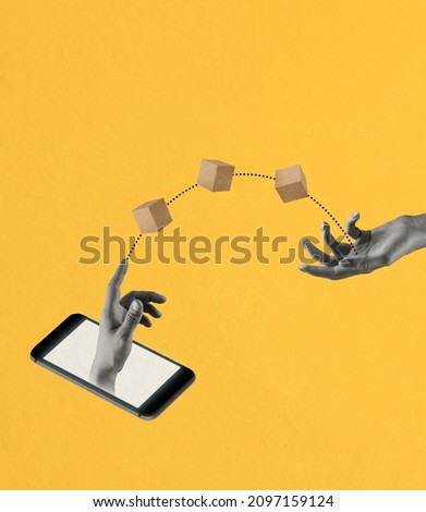 Contemporary art collage of male hand sticking out phone screen and sending delivery boxes to female hand isolated on yellow background. Concept of delivery service, creativity, online shopping and ad