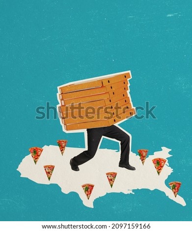 Fast and qualitative food delivery. Contemporary art collage of man carrying many pizza boxes isolated blue background. Concept of delivery service, online food order and ad