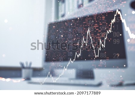 Multi exposure of abstract creative financial chart with world map and modern desktop with laptop on background, research and analytics concept
