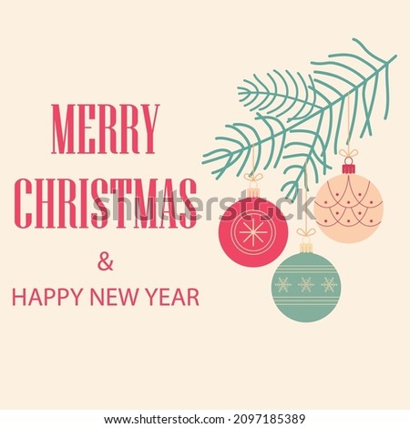 Merry Christmas and Happy New Year. Fir branch with Christmas decorations on a white background. Design can be used for greeting card, greetings. Vector illustration.