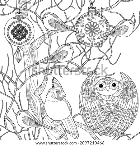 Art therapy coloring page. Coloring book antistress for children and adults. Birds hand drawn in vintage style. The art of linear engraving.