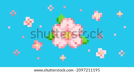 Pixel art plum flowers icon set. Vector 8 bit style illustration of pixel sakura blossom. Isolated spring cute decorative element of retro video game computer graphic.