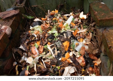 Kitchen scraps and peelings are composting in a purpose-built compost box in the back yard. Royalty-Free Stock Photo #2097215095