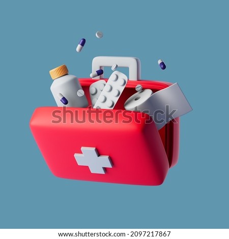 Simple open red first aid kit with with medicines for drugstore category 3d render illustration.
