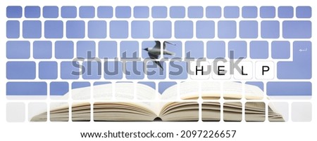 A view of the keyboard on the background of book, bird, and "help"