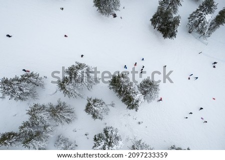 Drone aerial scenery of mountain snowy forest and people playing in snow. Wintertime photograph Troodos mountains Cyprus