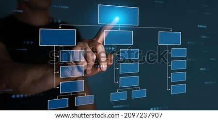 Businessman pointing processing management.Scheme of hierarchy management of corporate and processing management.Business process and workflow  with flowchart.  Royalty-Free Stock Photo #2097237907