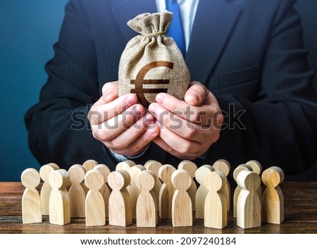 Businessman holds out a euro money bag to the crowd. Official. Staff maintenance. Financial support. Tax collection. Compensation payments. Share profit. Providing money, paying salaries and grants. Royalty-Free Stock Photo #2097240184