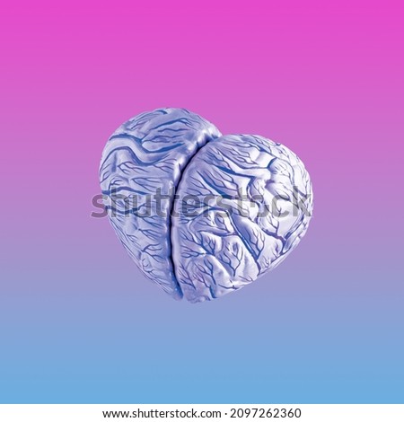2022. Heart-shaped blue brain model on gradient, bold, purple-pink background. Minimal cyberpunk or vaporwave surreal abstract creative concept. Women’s day, valentine’s day or falling in love symbol.